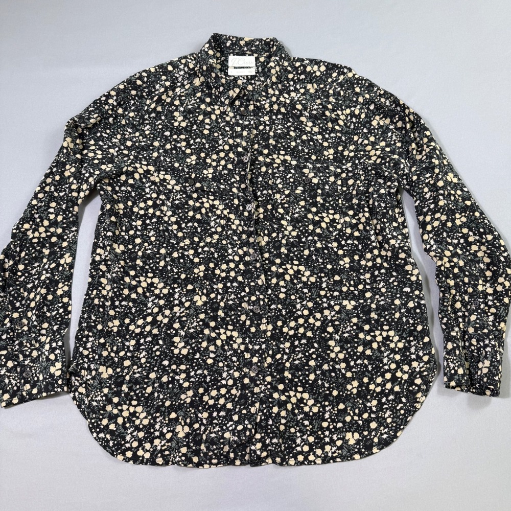 J.Crew Button Down Shirt Womens 8 Black Floral 100% Silk Long Sleeve Classic Fit